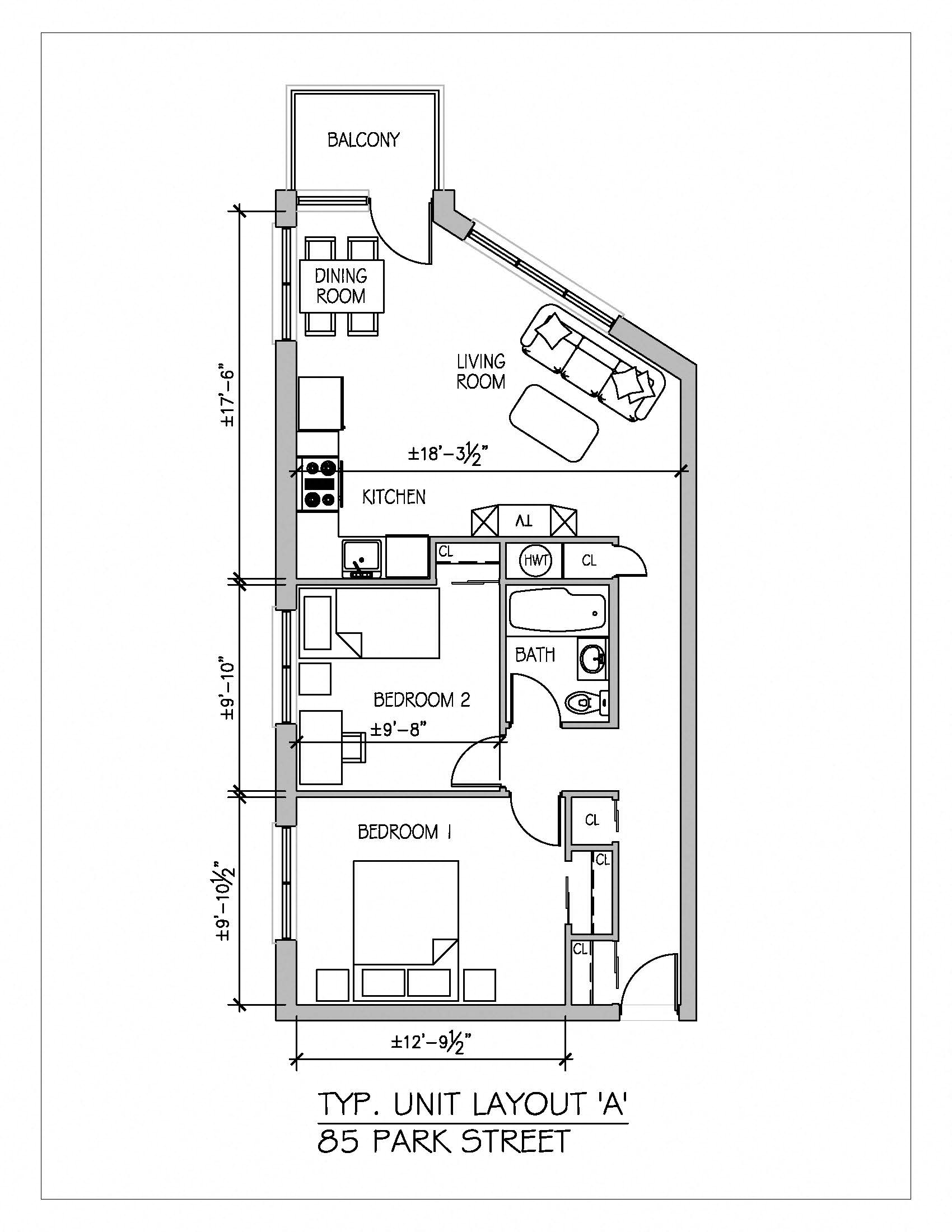 Floor plan for 2 beds, 1 bath, 600 sqft